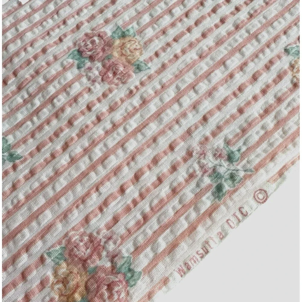 Vintage Floral Seersucker Pink Stripe Fabric Pink/Peach Crinkle Wamsutta 3yd